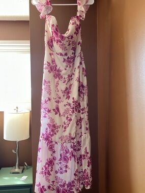 Park & Fifth White Maxi Dress with Fuchsia Floral Print and Ruffle Straps